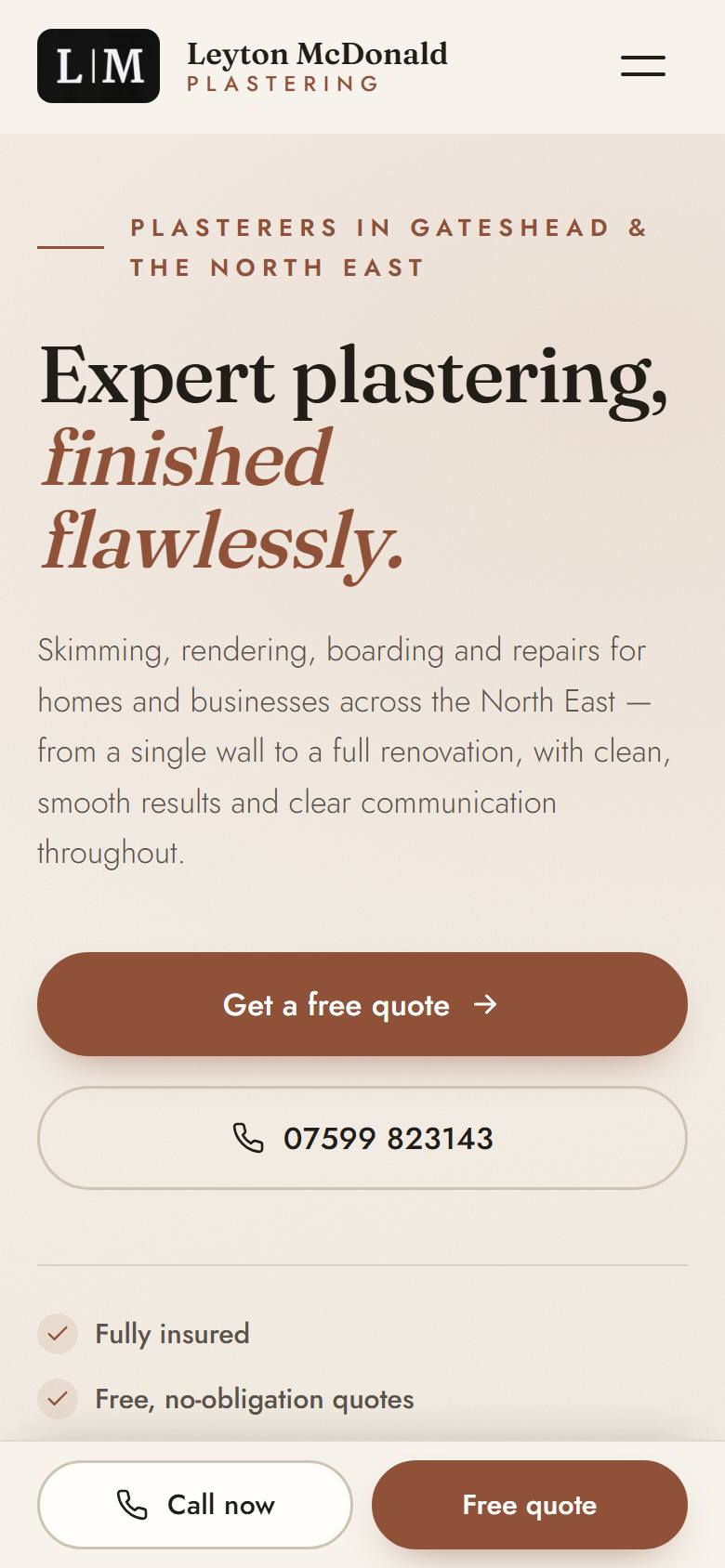 The Leyton McDonald Plastering homepage on a phone, with Get a free quote and Call now buttons.