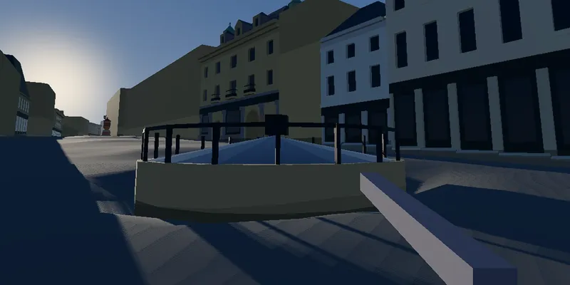 In-game view of the Bigg Market at dusk: the railed drinking fountain in the middle of the street, with stone and white-painted buildings around it.
