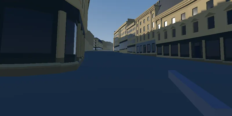 In-game view up Grey Street: a curving terrace of pale stone classical frontages with dark shopfronts at street level.