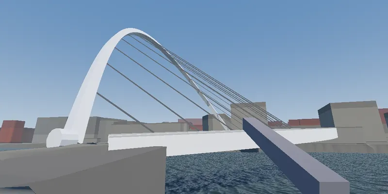 In-game view of the white arch and deck of the Gateshead Millennium Bridge over the Tyne, with low-poly quayside buildings beyond.