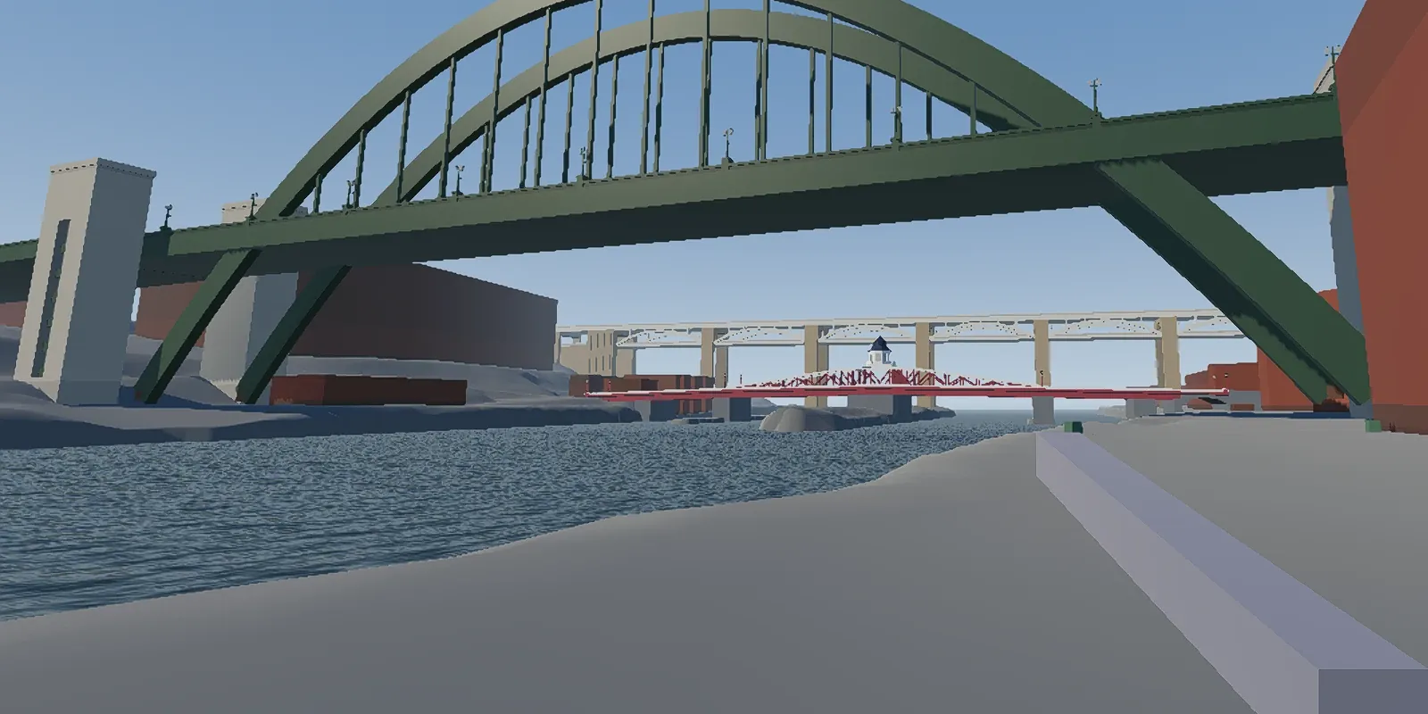In-game view from the Quayside under the green arch of the Tyne Bridge, looking upriver to the red Swing Bridge and the High Level Bridge behind it.