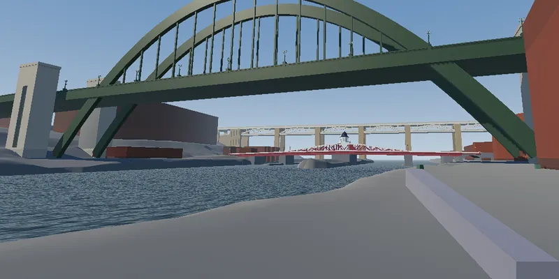 In-game view from the Quayside under the green arch of the Tyne Bridge, looking upriver to the red Swing Bridge and the High Level Bridge behind it.